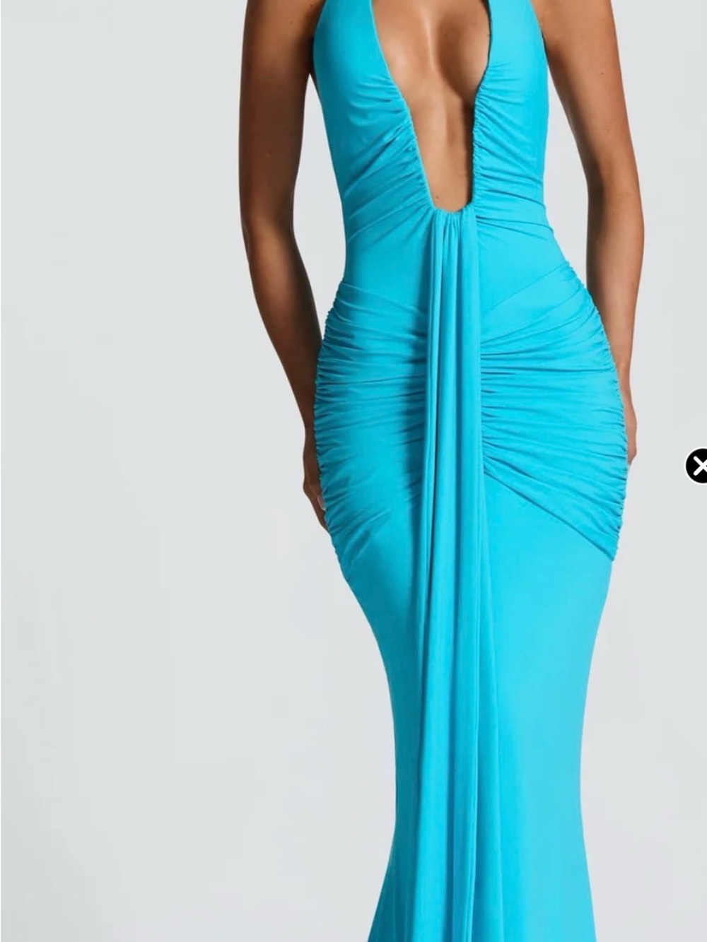 Turquoise Deep-V Backless Ruched Mermaid Gown